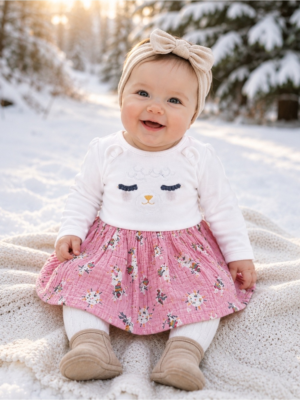 Catimini Dress Girls‎ 6M White Pink Llama Velour Gauze Long Sleeve Animal Face
